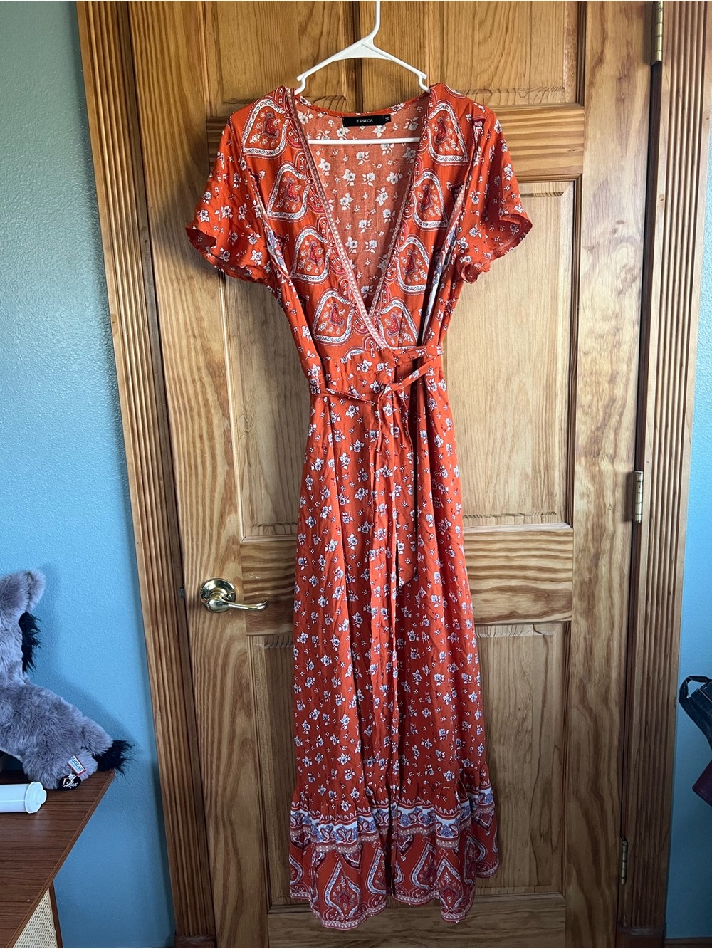 Zesica Boho Rust Paisley Wrap Maxi Dress with Tie Waist, Medium